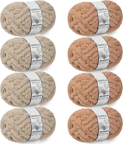 Chunky Yarn for Hand Knitting - #10 Chunky Chenille Yarn, Jumbo Big Thick Chunky Yarns for Crocheting, Super Bulky Chunky Knit Blanket Yarns, 8 Skein (25yd, 8oz/Skein), Khaki & Coffee