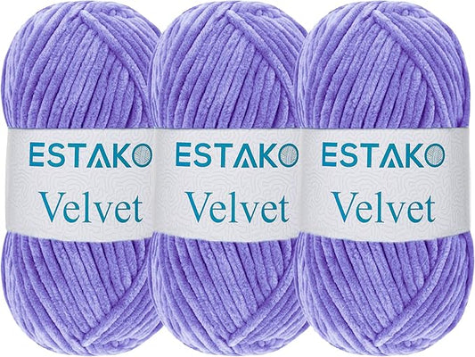Estako Velvet (3- Skeins Pack) Chenille Blanket amigurumi Yarn for Crocheting and Knitting Super Bulky 3x100 gr (3x132 yds) (1650 - Lavender)