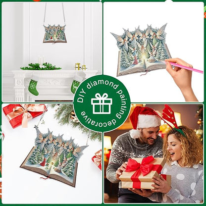 5D Christmas Diamond Painting Pendant Kit, Magic Book with Flying Elf and Snowy Forest, DIY Crystal Diamond Art Hanging Sign for Window, Door & Wall, Fantasy Home Decoration Gift, 24.1 x 20.4 cm
