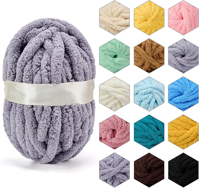 ERLYEEN Chenille Chunky Yarn Super Bulky Soft Thick Fluffy Jumbo Giant Washable Polyester Big Yarn DIY for Arm Knit Blanket Cushion Bed Sofa Home Decor,Grey,0.55LB