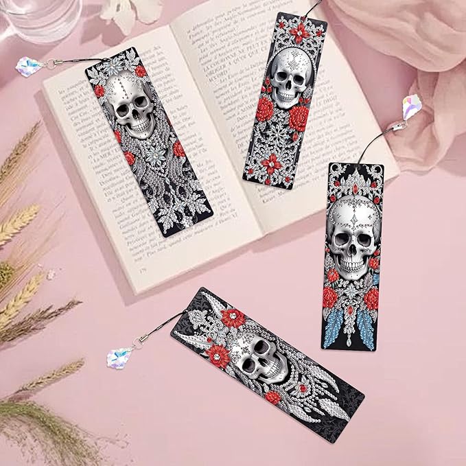 4 Pcs DIY 5D Diamond Painting Bookmark Kit - Special Shaped Crystal Rhinestones, Rose Skull Diamond Art Bookmarks with Crystal Pendant Tassels, Handmade Decorative Bookmarks Gift Set for Book Lovers