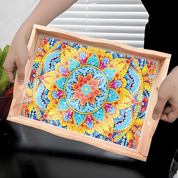 FGbaby DIY 5D Yellow Mandala Diamond Painting Wood Serving Tray with Handles Diamond Art Decor Serving Trays Wooden Tray for Breakfast in Bed, Patio, BBQ, Coffee Table, Party –Great for Lap & Couch