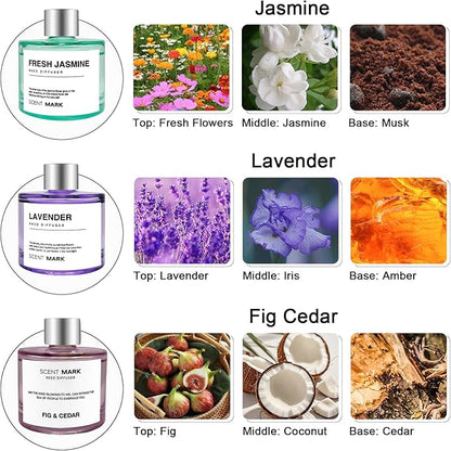 POWSHELF Reed Diffuser Set of 3 Pack,50ML Lavender Jasmine Lemon Basil Scented Oil Diffuser with 5 Sticks,Home Fragrance Reed Diffuser for Bedroom Bathroom Office (Lavender/Jasmine/Fig Cedar)