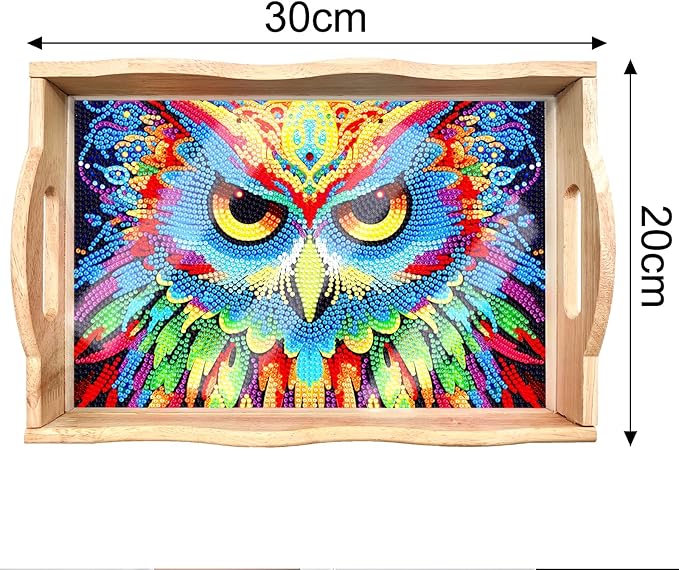 Generic FGbaby DIY 5D Owl Diamond Painting Wood Serving Tray with Handles Diamond Art Decorative Serving Trays Wooden Tray for Breakfast in Bed, Patio, BBQ, Coffee Table, Party –Great for Lap & Couch