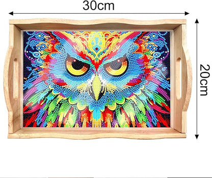 Generic FGbaby DIY 5D Owl Diamond Painting Wood Serving Tray with Handles Diamond Art Decorative Serving Trays Wooden Tray for Breakfast in Bed, Patio, BBQ, Coffee Table, Party –Great for Lap & Couch