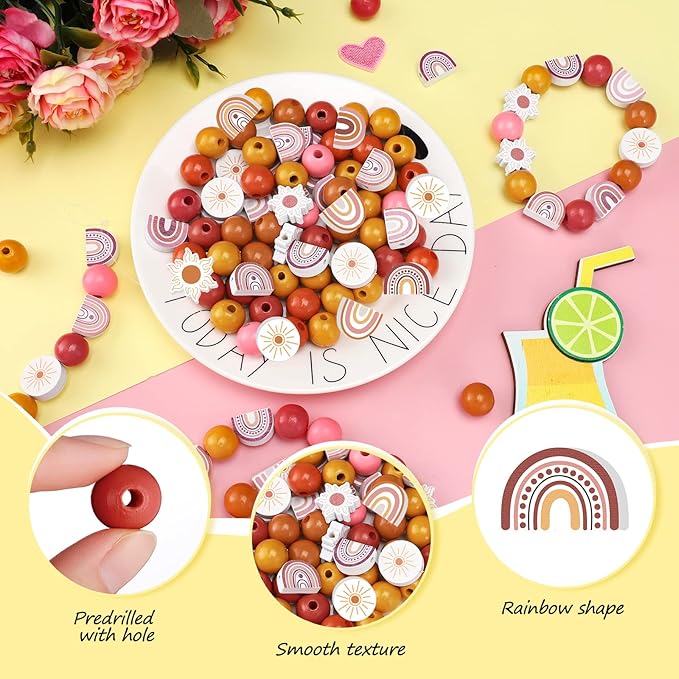 200 Pcs Rainbow Wooden Beads for Crafts First Trip Around The Sun Spacer Wood Boho Rainbow Rustic Farmhouse Beads for DIY Home Party Decors