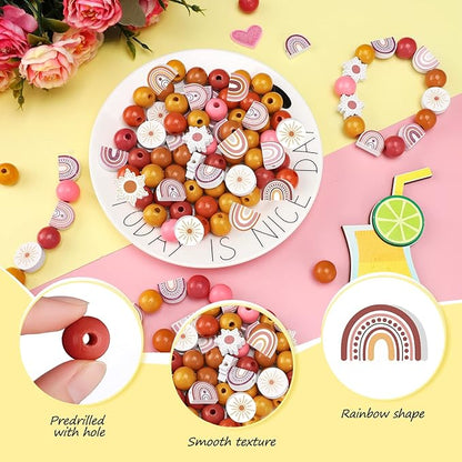 200 Pcs Rainbow Wooden Beads for Crafts First Trip Around The Sun Spacer Wood Boho Rainbow Rustic Farmhouse Beads for DIY Home Party Decors