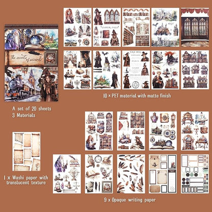 Pre-Cut Magic Sticker Book for Junk Journal, 20 Sheets Wizard Sticker Vintage Ephemera PET Washi Paper Materials for Scrapbooking, Journaling, Collage