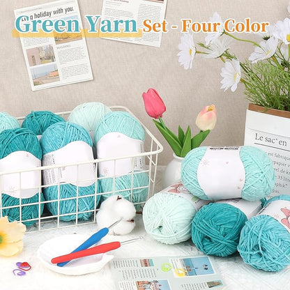 Coopay Skinny Chenille Yarn for Crocheting and Knitting, 12 Pack of 50g/1.76oz - 1764yd Total, Soft Velvet Yarn of Baby Weights - Suitable for Baby Blankets, Plush Toys - Super Soft (Green Gradient)