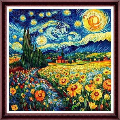 DMCCRAFT Stamped Cross Stitch Kits for Adults 11CT Printed Cross-Stitch Patterns Embroidery Kits Easy Cross Stitching Needlepoint Kits Crossstitch-Van Gogh Starry Sky Flower Sea 18x18 inch