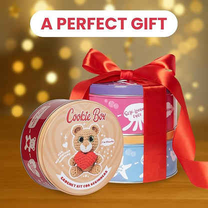 Cookie Box Crochet Kit for Beginners – Gift Set to Make Bear Charlie Amigurumi Plushie – Easy DIY Crochet & Knitting Starter Kit with Video and PDF Tutorials