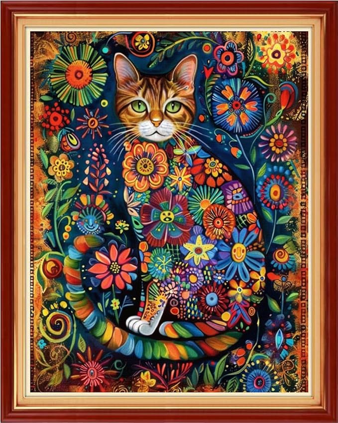 Dimensean Stamped Cross Stitch Kits Full Range of Embroidery Patterns Starter Kits for Beginners Adult or DIY Cross Stitches Needlepoint Kits 11CT-Flower Cat 16x20 inch