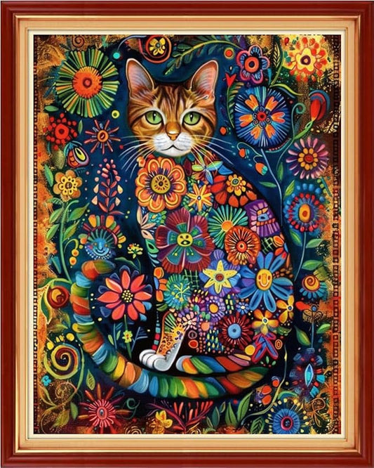 Dimensean Stamped Cross Stitch Kits Full Range of Embroidery Patterns Starter Kits for Beginners Adult or DIY Cross Stitches Needlepoint Kits 11CT-Flower Cat 16x20 inch