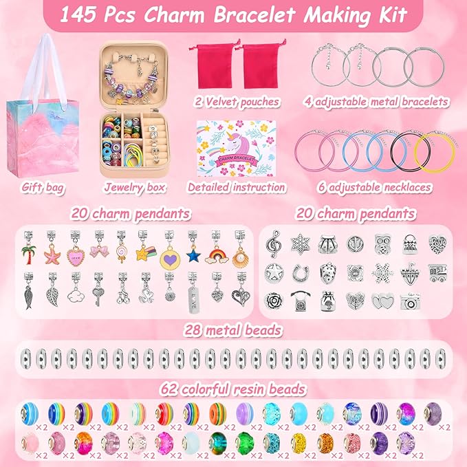 LifeisLuck Charm Bracelet Making Kit, 140 PCS DIY Craft Bead Sets Jewelry Making Kit, Portable Bracelet Organizer Gift Box for Teenage Birthday Christmas Stocking White Elephant Gift Exhange