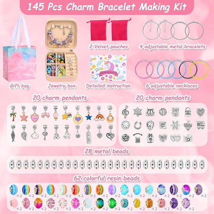 LifeisLuck Charm Bracelet Making Kit, 140 PCS DIY Craft Bead Sets Jewelry Making Kit, Portable Bracelet Organizer Gift Box for Teenage Birthday Christmas Stocking White Elephant Gift Exhange