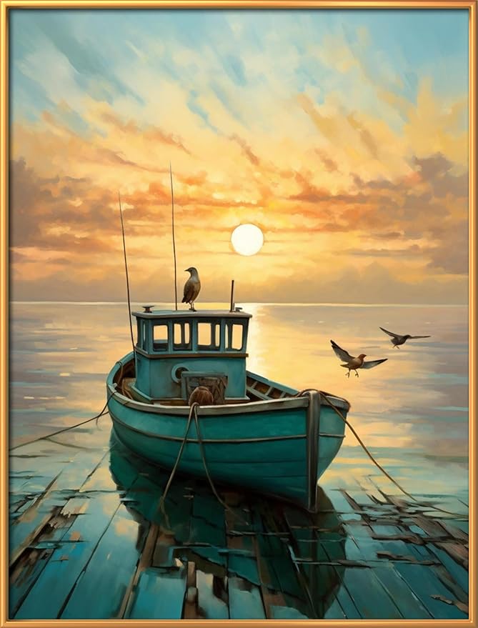 Leczany Cross Stitch Stamped Kit for Beginner - Birds and Boat | DIY Embroidery Starter Patterns Craft Kit Needlepoint for Adults | 11CT, 3 Strands | 13x16.9 inches