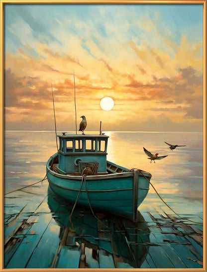 Leczany Cross Stitch Stamped Kit for Beginner - Birds and Boat | DIY Embroidery Starter Patterns Craft Kit Needlepoint for Adults | 11CT, 3 Strands | 13x16.9 inches