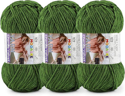 3 * 100g Chunky Yarn for Crocheting and Knitting - Easy to Use Plush Chenille Super Bulky Yarn 393yds - Ultra Soft Velvet Baby Blanket Yarn for Beginners & Amigurumi Projects, Army Green