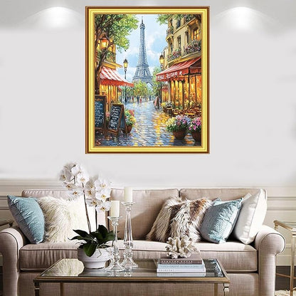 Foxnyart Stamped Cross Stitch Kits Full Range of Embroidery Needlework Starter Kits for Beginners Adults 11CT Embroidery Patterns Art Crafts DIY Needlepoint Kit-Eiffel Tower Street View 16x20 inchs
