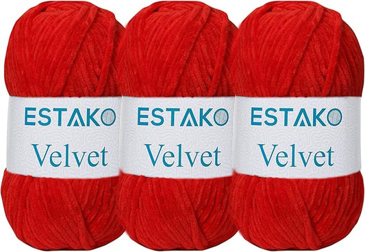 Estako Velvet (3- Skeins Pack) Chenille Blanket amigurumi Yarn for Crocheting and Knitting Super Bulky 3x100 gr (3x132 yds) (1540 - Pomegranate)