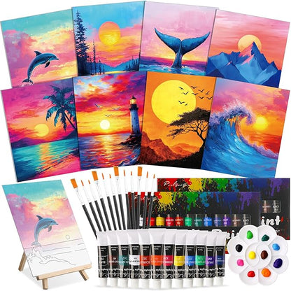 Cholemy 36 Pcs Valentine Paint and Sip Kit for Adults 8''x10'' Pre Drawn Canvas for Painting DIY Afro Acrylic Painting Kit Wood Easel Brushes Date Night Bulk for Party Gifts(Sunset Style)