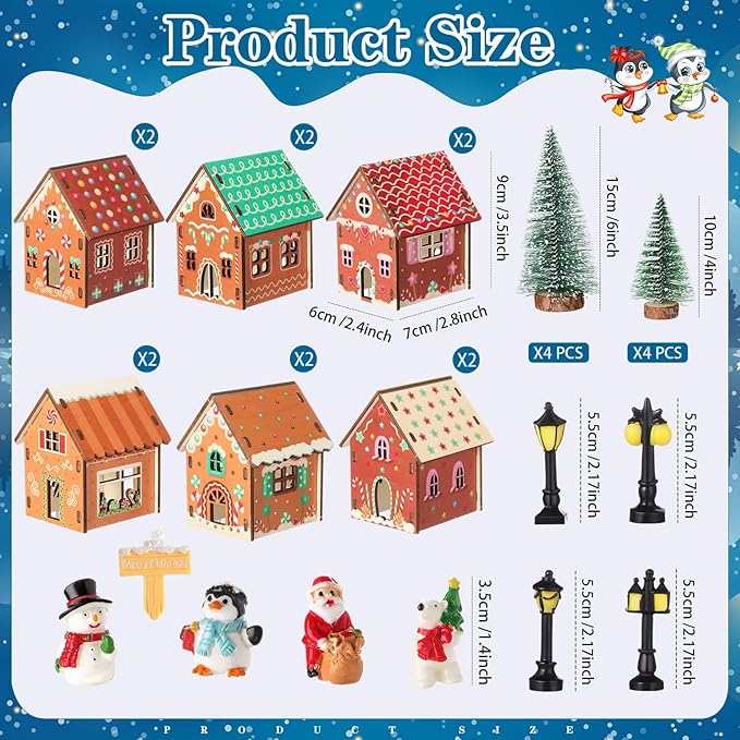 29 Pcs DIY Christmas Village Sets 12 Pcs Wood Village Houses Xmas Scene Figurines Decoration Mini Tree Desktop Ornament for Indoor Room Landscape Xmas Holiday Party Decor(Cute Style)