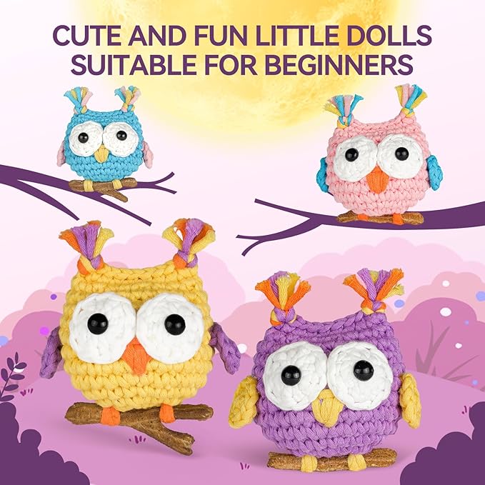 MOREJMTT Crochet Kit for Beginners, Crochet Animal Kits, Crocheting Kit for Starters, Learn to Crochet with Step-by-Step Video Tutorials, Beginner Crochet Kit for Adults(4 Pack owl)