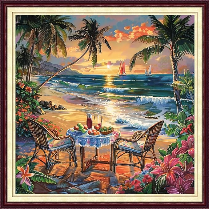 DMCCRAFT Stamped Cross Stitch Kits for Adults 11CT Printed Cross-Stitch Patterns Embroidery Kits Easy Cross Stitching Needlepoint Kits&Drinking Tea on The Beach by The Seaside 18x18 inch