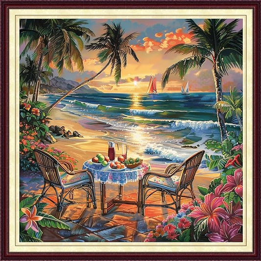DMCCRAFT Stamped Cross Stitch Kits for Adults 11CT Printed Cross-Stitch Patterns Embroidery Kits Easy Cross Stitching Needlepoint Kits&Drinking Tea on The Beach by The Seaside 18x18 inch