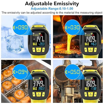 Infrared Thermometer Gun, Digital Laser Thermometrer Temperature Gun with Color LCD for Cooking, Pizza Oven, HVAC, IR Temp Gun with K-Probe, Adjustable Emissivity,-40°F to 1472°F(-40~800°C)