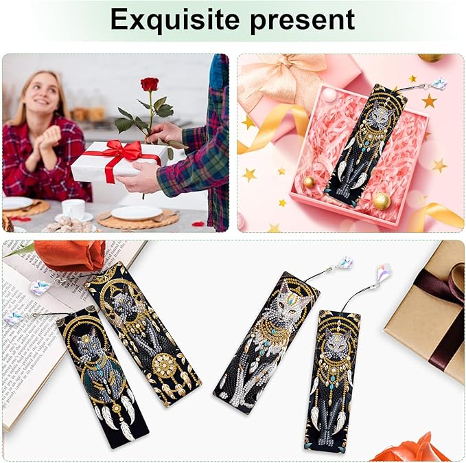 4-Piece Dreamcatcher Cat Diamond Painting Bookmarks Set for Adults – DIY 5D Rhinestone Art Bookmark Kits with Tassels, Beautiful Diamond Art Bookmarks for Crafts and Gifts