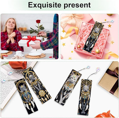 4-Piece Dreamcatcher Cat Diamond Painting Bookmarks Set for Adults – DIY 5D Rhinestone Art Bookmark Kits with Tassels, Beautiful Diamond Art Bookmarks for Crafts and Gifts