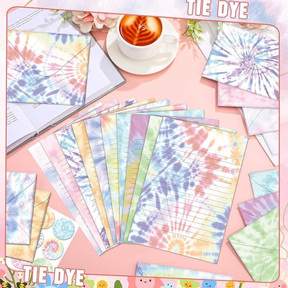TaoBary 160 Pcs Stationery Paper Set 50 Double Sided Stationery Papers with 50 Matching Envelopes and 60 Round Dot Sticker, 10 Design(Tie Dye,5.5 x 8.25 Inch)