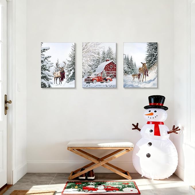 WENGTIAO Christmas Canvas Wall Art 3Pcs Winter Snowy Forest Prints Posters Red Truck Cabin Paintings Reindeer Pictures Vintage Xmas Artwork for Living Room Bedroom Bathroom Office 12”x16”x3