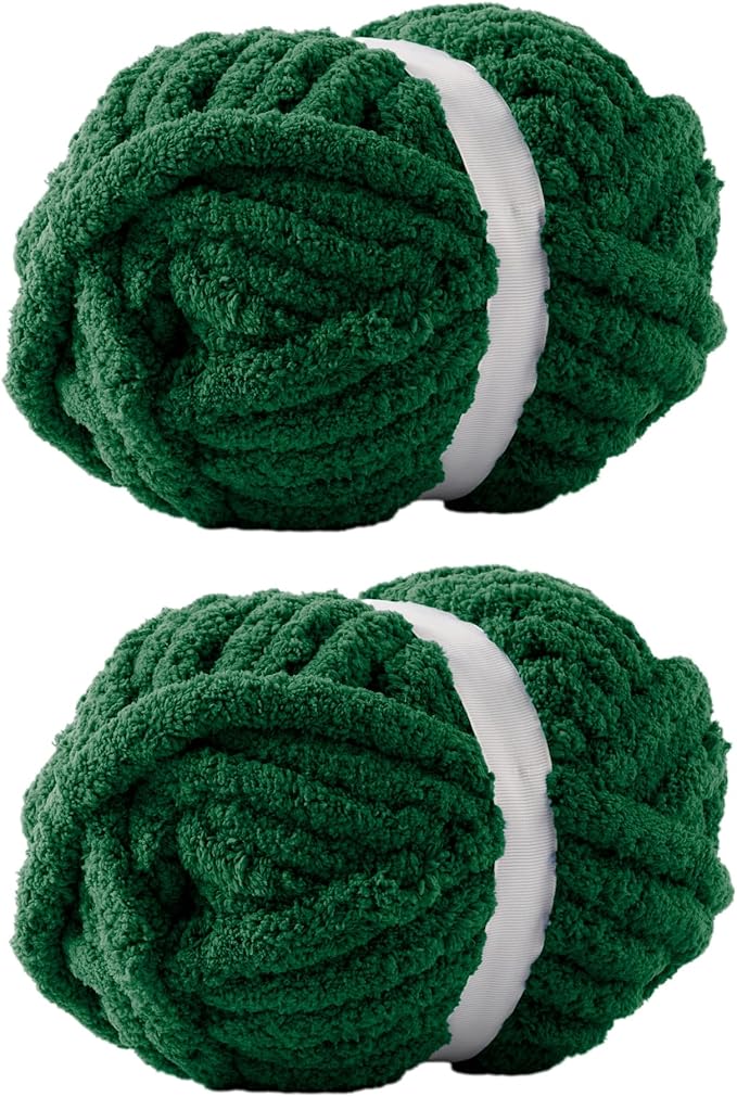 Green Jumbo Chunky Chenille Yarn for Crocheting, Thick Plush Yarn for Hand Knitting Blankets, Super Soft Bulky Yarn for DIY Projects, 2 Jumbo Pack