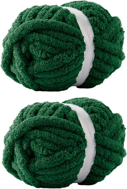 Green Jumbo Chunky Chenille Yarn for Crocheting, Thick Plush Yarn for Hand Knitting Blankets, Super Soft Bulky Yarn for DIY Projects, 2 Jumbo Pack
