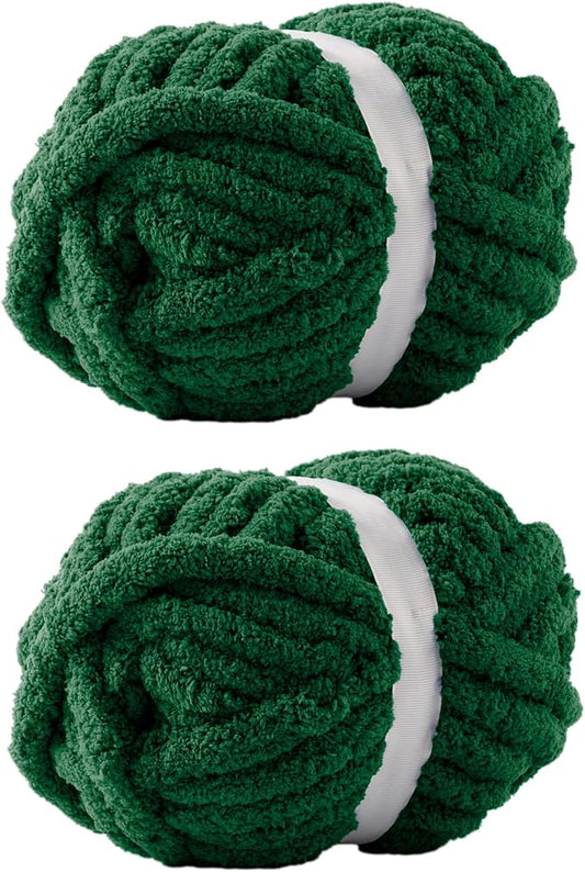 Green Jumbo Chunky Chenille Yarn for Crocheting, Thick Plush Yarn for Hand Knitting Blankets, Super Soft Bulky Yarn for DIY Projects, 2 Jumbo Pack