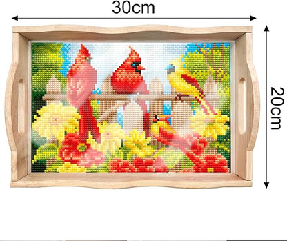 FGbaby DIY 5D Cardinal Bird Diamond Painting Wood Serving Tray with Handles Diamond Art Decor Serving Trays Wooden Tray for Breakfast in Bed, Patio, BBQ, Coffee Table, Party –Great for Lap & Couch