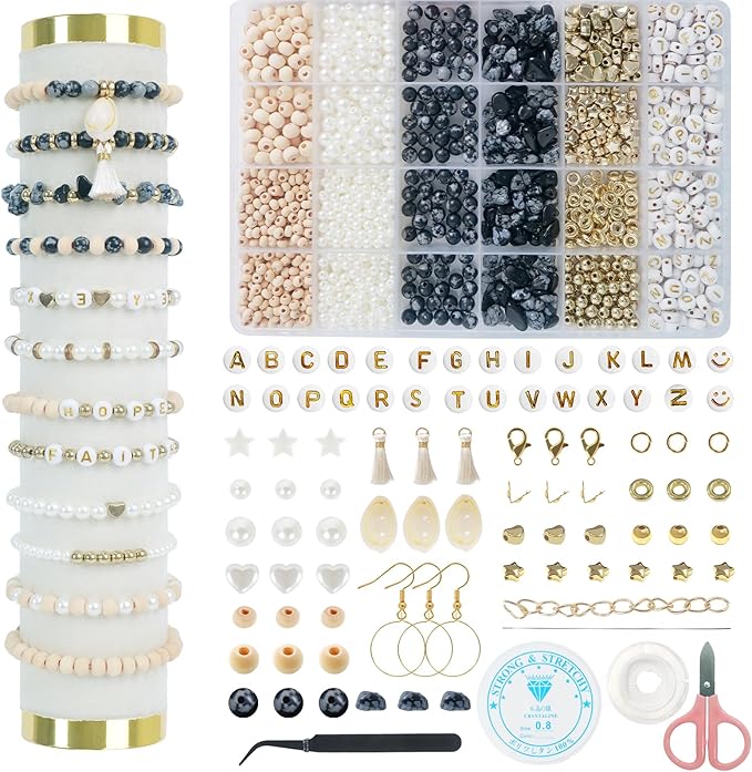 TOIPINIO Bracelet Making Kit Jewelry Making Supplies Kit Natural Stone Beads for Irregular Natural Stone with for DIY Craft Friendship Bracelet/Necklace/Earrings for Adults (Snowflake Obsidian)