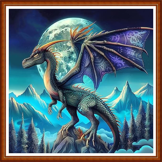 Joyhoor Stamped Cross Stitch Kits for Beginners Needlepoint Kits for Adults Embroidery Kits 11CT Counted Cross Stitch Kits Printed Embroidery Pattern-Moon Pterosaur 18x18 inchs