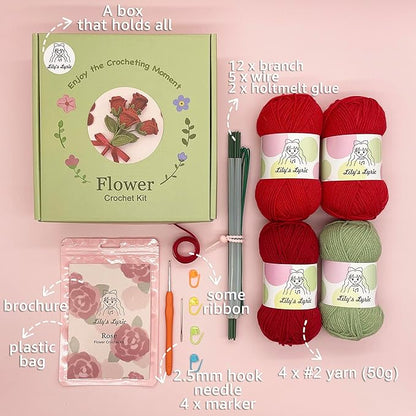 Lily's Lyric Flower Crochet Kit | Red Rose | Step-by-Step Video Tutorial for Adults Teenagers | Craft Gift Idea DIY Home Decoration