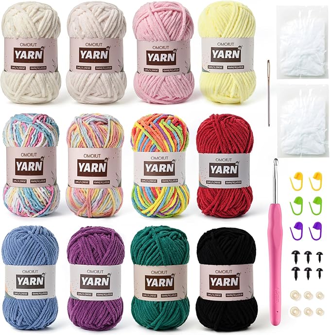 12 Pack Chenille Velvet Yarn - Baby Yarn for Crocheting Soft - Amigurumi Yarns Set with 600g(787yd) Crochet Yarns Crochet Hook、Stitch Markers、Fluffy Stuffing、Accessories D