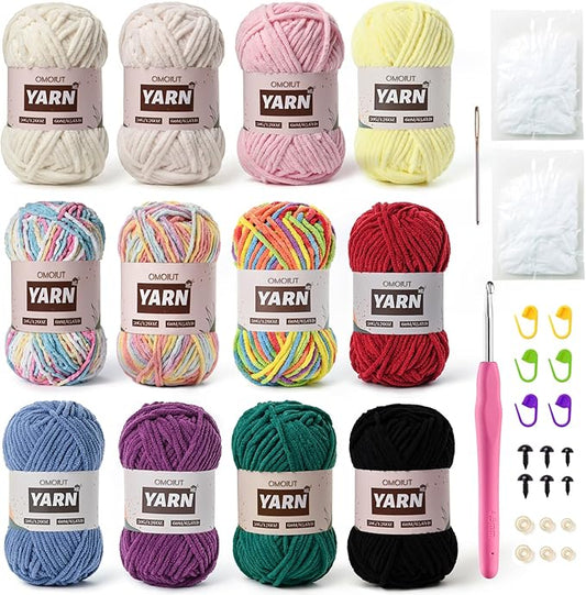 12 Pack Chenille Velvet Yarn - Baby Yarn for Crocheting Soft - Amigurumi Yarns Set with 600g(787yd) Crochet Yarns Crochet Hook、Stitch Markers、Fluffy Stuffing、Accessories D