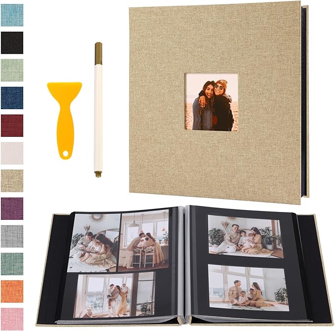 Self Adhesive Photo Album Black Pages Scrapbook Magnetic Photo Albums for 4x6 5x7 8x10 Pictures Books with Sticky Pages with A Metallic Pen for Baby Family Wedding 13.2x12.8 Yellow 40 Pages