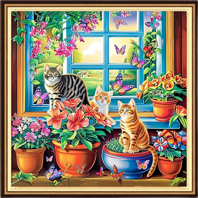 DMCVIVR Stamped Cross Stitch Kits for Adults Beginners Embroidery Kits 11CT Needlepoint Kits Cross Stitch Patterns Embroidery Patterns-Garden Cat Outside The Window 18x18 inch