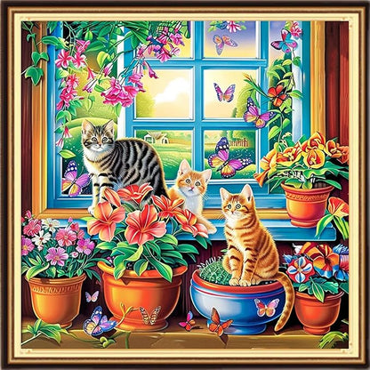 DMCVIVR Stamped Cross Stitch Kits for Adults Beginners Embroidery Kits 11CT Needlepoint Kits Cross Stitch Patterns Embroidery Patterns-Garden Cat Outside The Window 18x18 inch