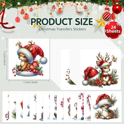 24 Sheets Vintage Christmas Rub On Transfers for Crafts, Rub On Transfers Christmas for Wood，Furniture Decals, Glass, Porcelain, Leather, Canvas, Fabric Projects,3 * 3inch(Gnome Reindeer)