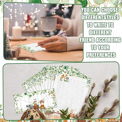TaoBary 160 Pcs Stationery Paper Set 50 Double Sided Stationery Papers with 50 Matching Envelopes and 60 Round Dot Sticker, 10 Design(Woodland Animal,8.5 x 11 Inch)