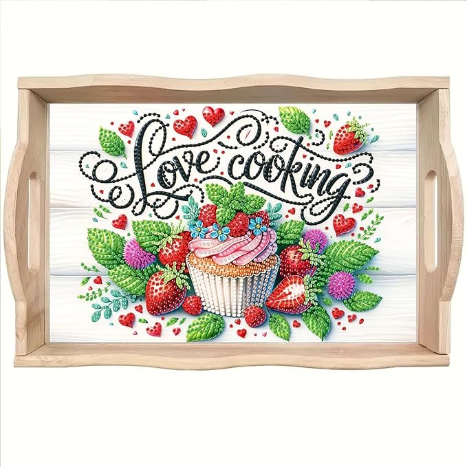 DoxQcs DIY Diamond Art Wooden Tray Kit Easter Food Tray with Handle Diamond Painted Table Decoration Tray for Breakfast Bar Dinner Table Diamond Art Painting for Beginners-Cupcake