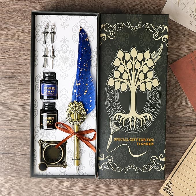 TIANREN Feather Pen and Ink Set,quill pen ink set,Antique Calligraphy Pen with 4 Replaceable Nibs,2 Bottle of ink,Pen Holder Christmas Gift for Men&Women.(Blue)